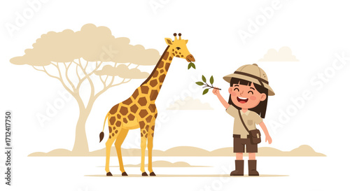 Adorable Child Interacting With Giraffe In a Natural Setting During a Wildlife Adventure