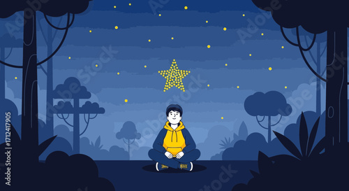 A Person Meditating Under a Starry Sky in a Tranquil Forest Scene