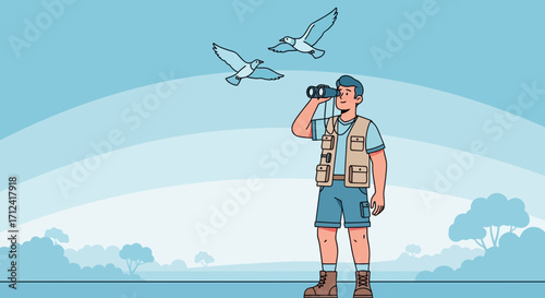 A Person Observing Birds With Binoculars In A Blue Sky Background Vector