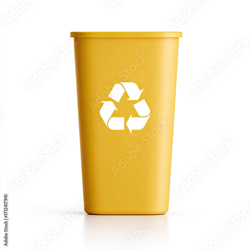 Yellow recycling bin with white recycle symbol on white background