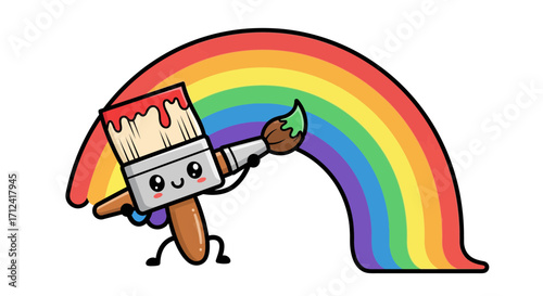 Cheerful Cartoon Paintbrush Creating a Rainbow with Vibrant Colors on White Background