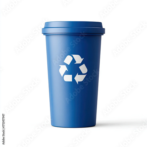 Blue reusable cup with recycling symbol on white background
