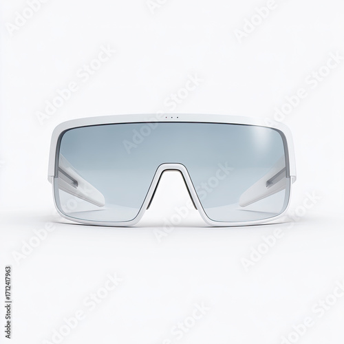Futuristic white sunglasses with large blue lenses white background
