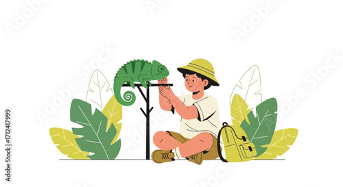 Adorable Illustration Of A Young Explorer Interacting With A Green Chameleon