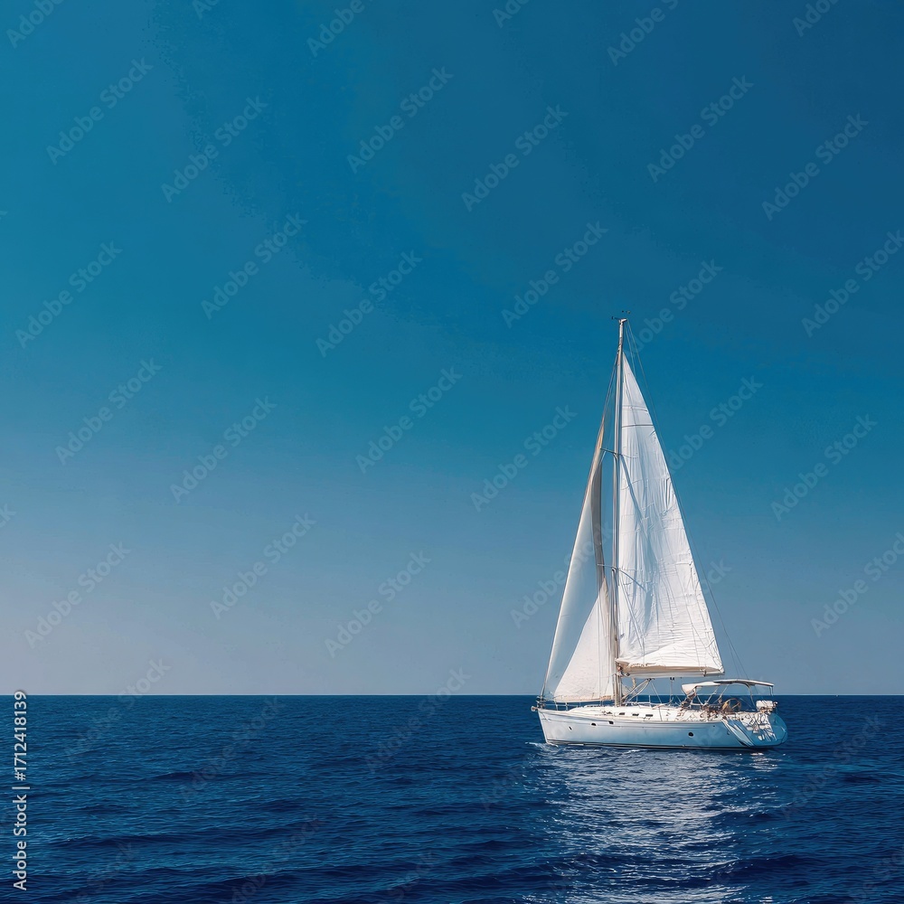 Obraz premium Solitary sailboat glides across a vast expanse of azure ocean under a brilliant sky