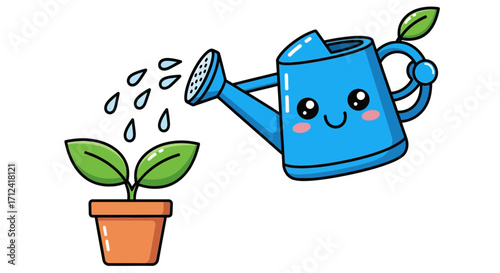 Cute cartoon watering can lovingly watering a young plant growing in a pot, symbolizing growth and nurturing
