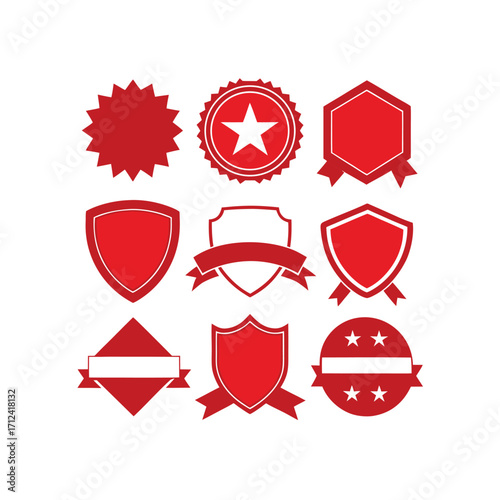 Red badge and shield vector collection, decorative award emblem set, vintage label and seals, creative marketing promotion template, brand identity design, retro graphic illustration.