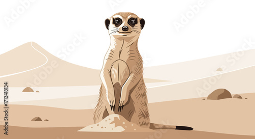 Adorable Meerkat In the Desert Stands Guard Smiling, A Stunning Wildlife Illustration