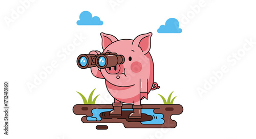 Adorable Pig Enjoying The Landscape, Observing With Binoculars in a Muddy Environment