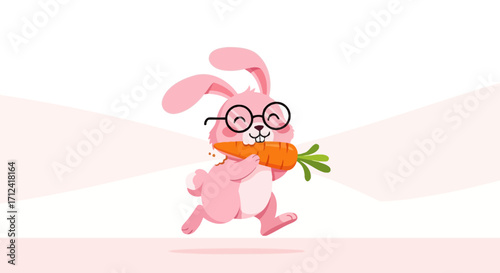Adorable Pink Bunny With Glasses Enjoying A Fresh Carrot While Running Happily