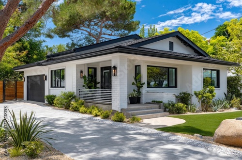 modern home in san diego. the home has white walls and a blue roof, with black accents