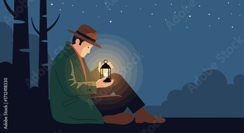 A Person Under A Night Sky Holding A Lantern, Seeking Enlightenment And Serenity In Nature
