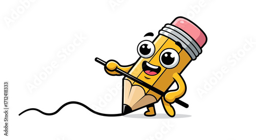A happy cartoon pencil character drawing a smiling wavy line with its graphite tip, showcasing creativity and artistic expression