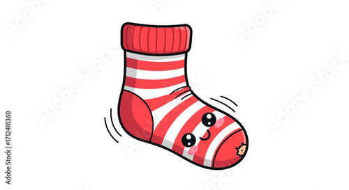 Adorable striped sock with a cute smiling face and rosy cheeks, perfect for children's illustrations and apparel design