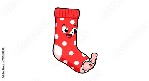 A cheerful red polka dot cartoon sock, complete with a friendly face, humorously reveals a bare foot peeking through a playful hole, capturing the essence of worn-out comfort with a smile