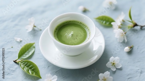 Wallpaper Mural Refreshing Green Matcha Tea Cup with Blossoms on a Blue Surface Torontodigital.ca