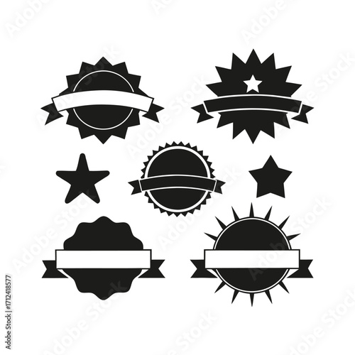 Black sunburst badge vector set with star and ribbon designs, promotional emblem labels, creative award seal collection, decorative product stickers, business marketing template illustration