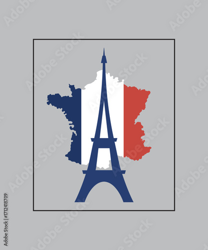 Eiffel Tower on Map of France with Flag Colors | Stylized French Flag and Eiffel Tower Icon - Travel Graphic | France Map and Eiffel Tower Logo - Patriotic Vector Illustration
