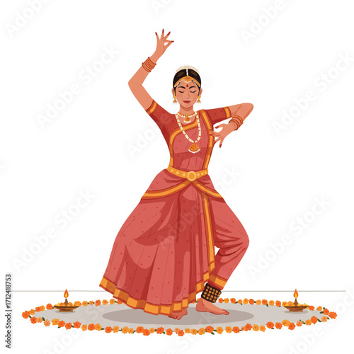 Vibrant 2D flat vector of a woman in flowing lehenga choli, gracefully performing classical Indian dance with mudras on a simple stage adorned with marigold garlands.