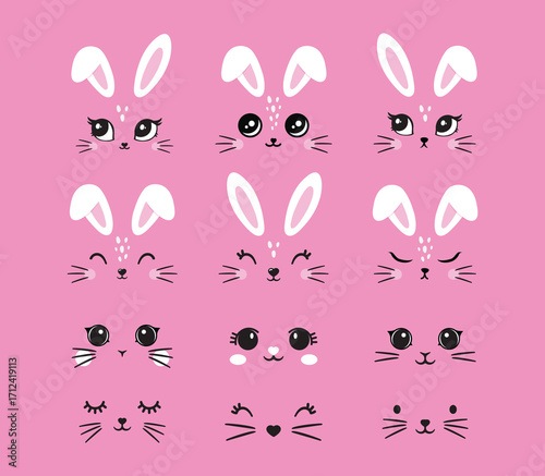 Minimalist Cat Face Line Art Design cute kitten. Cute white bunny easter cartoon kit set. Collection of design objects: ears, faces, different emotions, tummies, eyes, mustaches, noses isolated