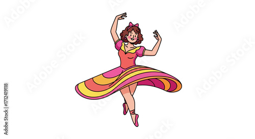 Animated ballerina in a vibrant, swirling dress performs a graceful ballet move with joyful expression