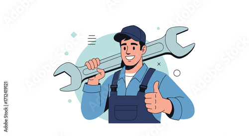 A smiling mechanic holding a large wrench and giving a thumbs up gesture.