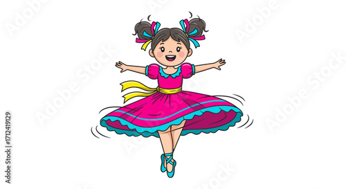 A joyful little girl in a vibrant pink dress with blue trim twirls energetically, her pigtails flying