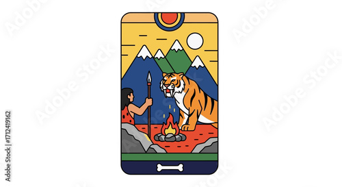 Woman confronts tiger by campfire in mountain landscape tarot card.