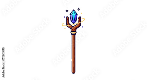 Wooden staff with blue crystal top magical wizard.