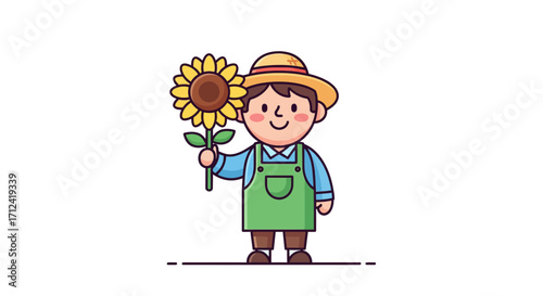 Charming illustration of a young farmer wearing a straw hat and overalls, proudly holding a large sunflower, celebrating nature's bounty and agricultural pursuits