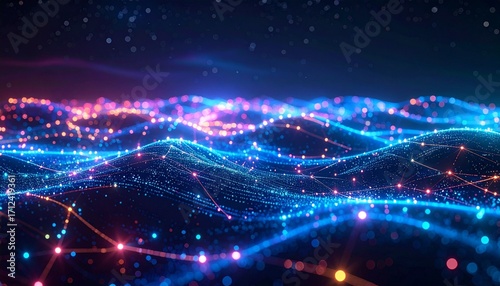 Holographic Network Nodes – a 3D mesh of glowing dots and connecting lines in neon colors, symbolizing mobile connectivity.