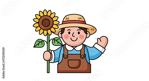 Cartoon farmer holding a sunflower, representing agriculture and organic farming concepts