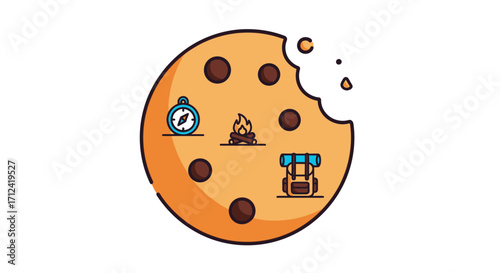 A bitten cookie with camping icons inside representing outdoor adventure.