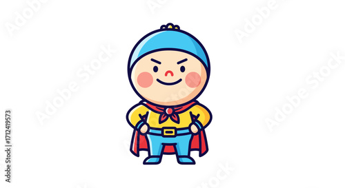 Chibi-style cartoon hero character with a vibrant cape and confident stance, embodying innocent bravery and playful spirit, perfect for children's themes and positive messaging