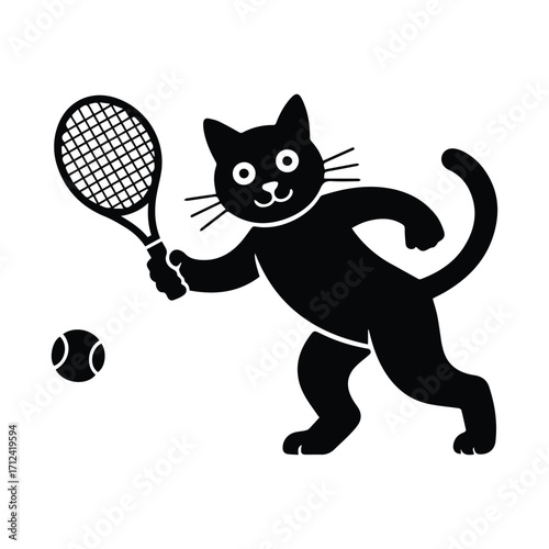 Playful black cat hitting tennis ball with racket silhouette