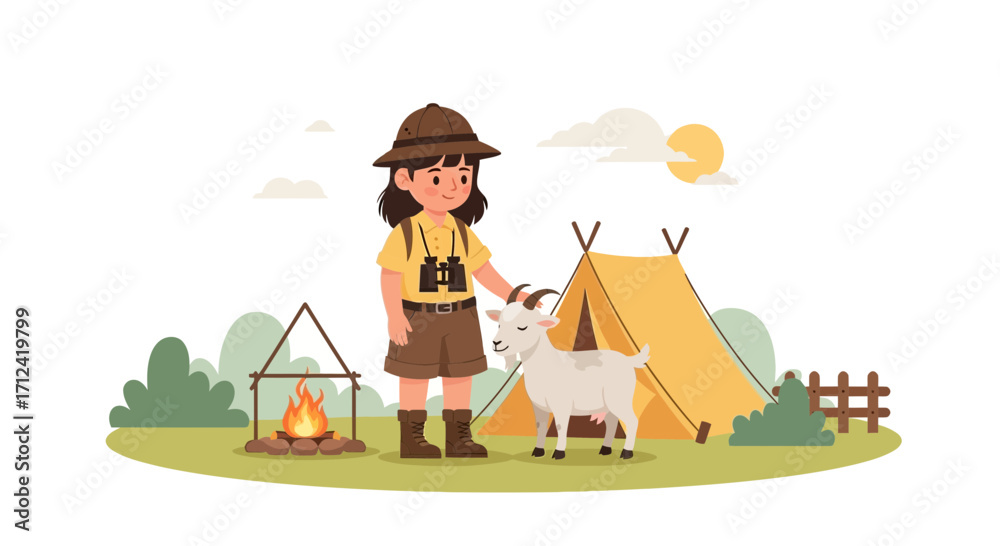Fototapeta premium Adventure Girl Bonding With Goat Near Campfire And Tent In The Outdoors