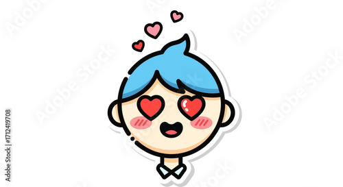Adorable cartoon boy deeply smitten, featuring hearts in his eyes and floating above, perfectly illustrating a sweet crush or romantic infatuation. A charming graphic representing tender feelings