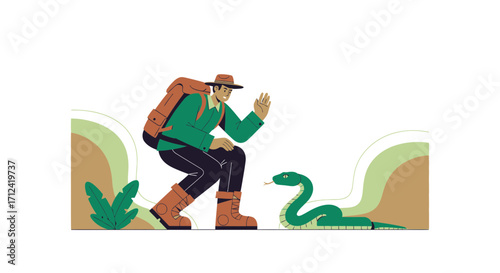 Adventure Encounters, Exploring, The Brave Traveler Meeting a Green Snake in Nature