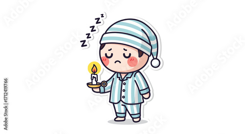 A tired little boy in striped pajamas and a nightcap, holding a lit candle, struggling to stay awake and wishing for a peaceful night's rest after a long day