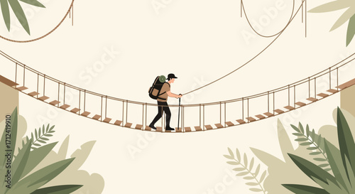 Adventure Seeker Crossing A Rope Footbridge Through Lush Green Foliage