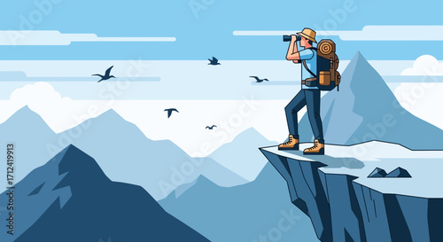 Adventure Seeker Observing Mountains From a Cliff, Binoculars, Vector illustration
