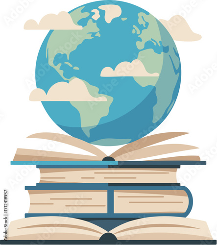 Open book with globe on top symbolizing global education knowledge and learning