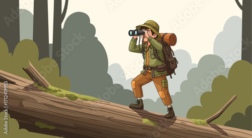Adventurous Hiker Observes Wilderness Landscape With Binoculars On A Sprawling Log