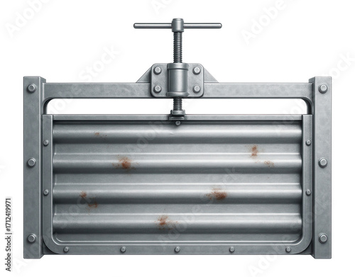 Steel sluice gate with rust patches and horizontal corrugations