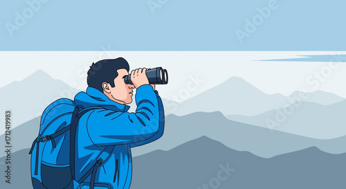 Adventure Seeker Scopes Mountain Ranges with Binoculars in Vector Illustration Design
