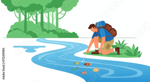 Adventurous Hiker Observing Underwater Life In Crystal Clear River Water