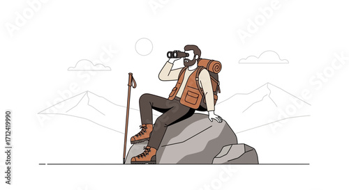 Adventurous Hiker Observing Landscape Using Binoculars At A Mountain Vantage Point