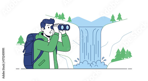 Adventurous Hiker Observing Waterfall And Nature Scenery For Exploration And Discovery Purposes