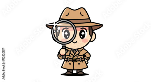 Charming animated detective character with a magnifying glass, embodying investigation, curiosity, and forensic inquiry into discovering solutions and solving mysteries