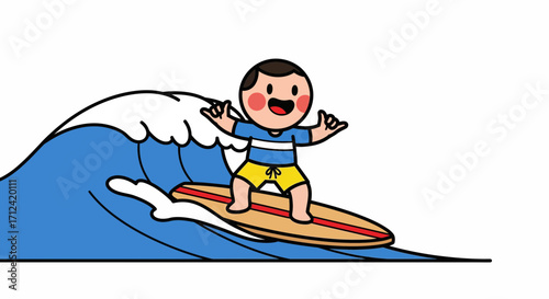 Cartoon surfer riding a big wave with excitement and joy, enjoying a thrilling water sport on a sunny day